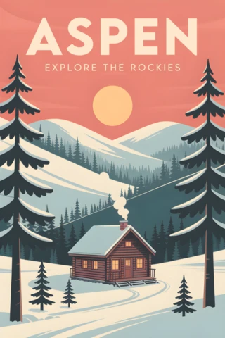 Design de cabine de montagne rétro pour affiches de voyage à plat rétro d'Aspen