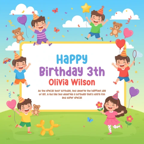 Feliz aniversário cartaz da celebração do 3º aniversário de Olivia Wilson com balões, bolo, brinquedos e tema de festa infantil alegre.