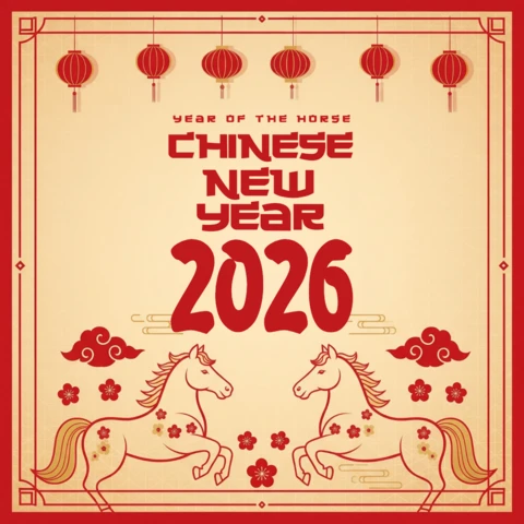 Chiński Nowy Rok 2026, podwójne złote konie z kwiatowymi akcentami, lampionami i czerwoną ramą na świętowanie lunarne.