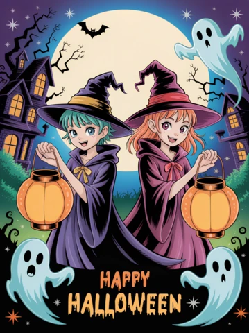 Spooky Halloween Design Template Featuring Witches and Ghosts for Party Invitations