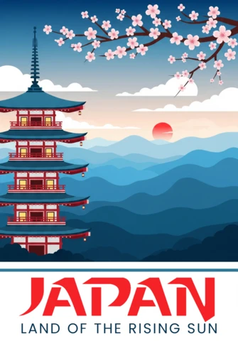 Explore Japan Poster Red Sun Over Mountains with Pagoda and Sakura Accents in Artistic Layout