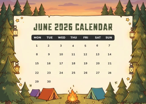 June 2026 Monthly Calendar with Camping Adventure and Forest Landscape Illustrations