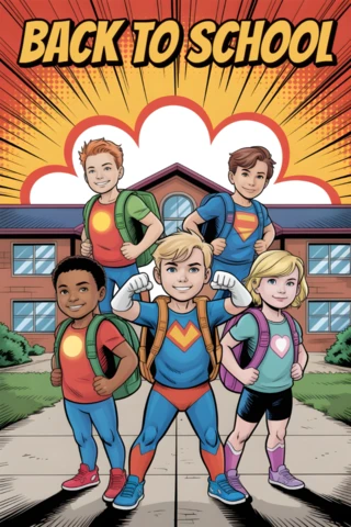 Ritorno a scuola studenti supereroi diversi davanti al cartellone del edificio scolastico modello di design