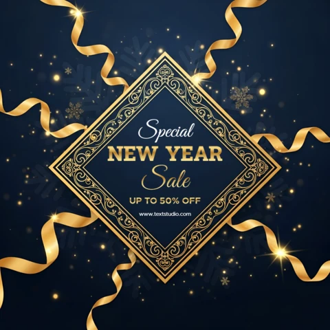 Elegant New Year Sale Design Template with Gold Ribbons for Promotional Flyers