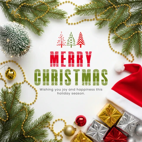 Rotes und grünes Baum-Motiv mit Girlande aus Kugeln und Geschenken um freudige Wünsche Weihnachtsgrußkarten-Designvorlage