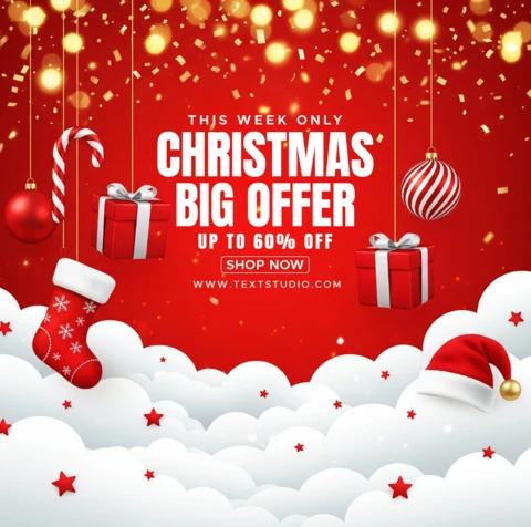 Feestelijke kersttemplate voor vakantiepromotie met cadeauboxen, kousen en aanbieding alleen voor deze week