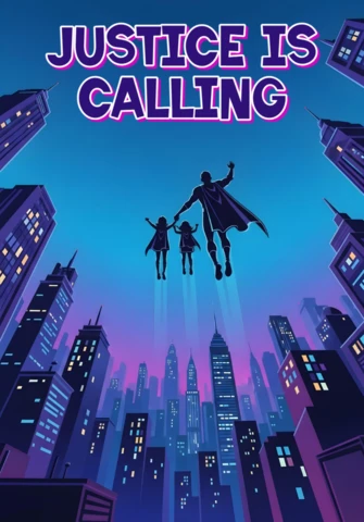 La justicia está llamando, superhéroe y niños volando sobre el diseño de cartel de la ciudad nocturna.