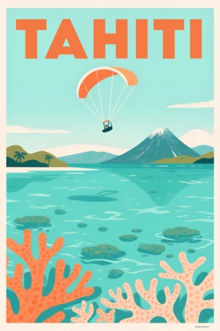 Tahiti Retro Travel Poster Design Template with Coral and Mountain Elements for Wall Art