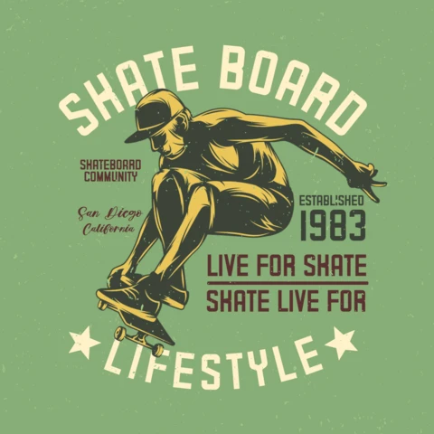 Modelo de design de camiseta de menino voando em um skate