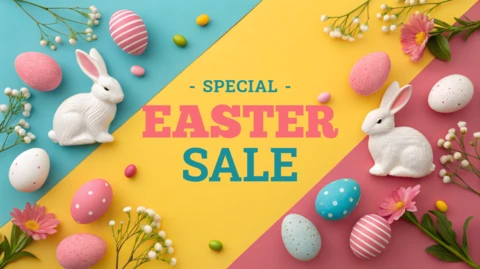Colorful Easter Sale Design Template with Bunnies and Eggs