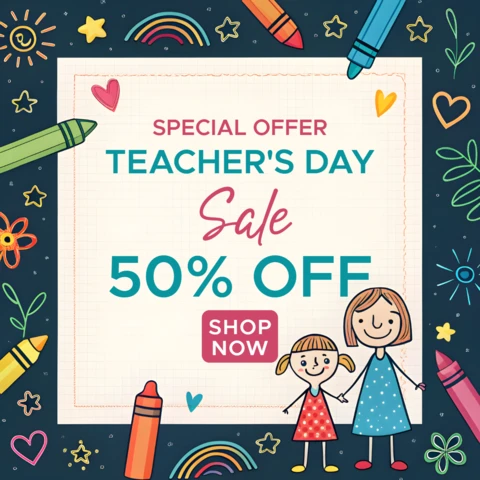 Playful Teacher's Day Sale Design Template with Colorful Illustrations