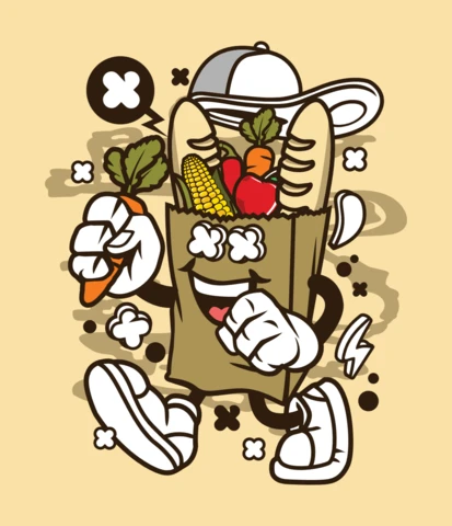 Plantilla de diseño de póster de personaje de dibujos animados para bolsa de supermercado de papel