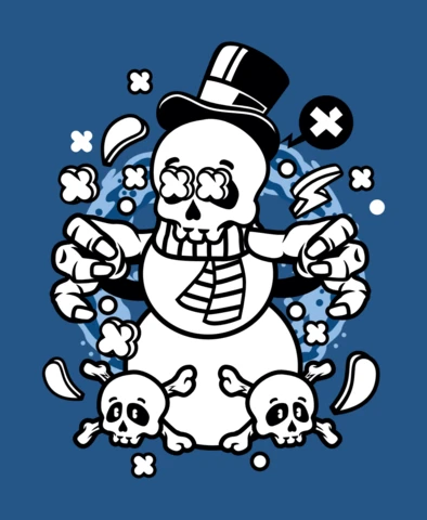 Muñeco de nieve calavera personaje de dibujos animados plantilla de diseño de camiseta
