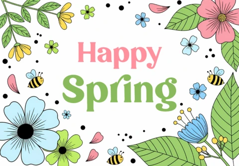 Spring Floral Design Template for Greeting Cards with Bees and Colorful Flowers