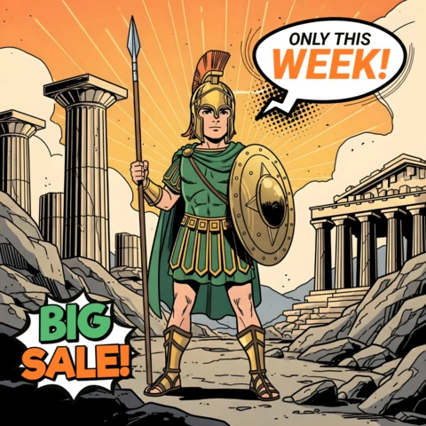Arte de cómic de guerrero griego en gran venta con ruinas clásicas y diseño de héroe con lanza para folletos promocionales.