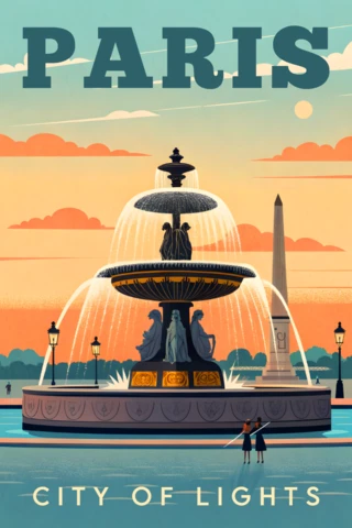 Paris City of Lights Vintage Poster Design Template Featuring Iconic Fountain