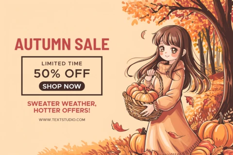 Autumn Sale Design Template with Manga Girl and Pumpkins for Promotional Flyers