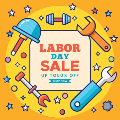 Modelo de design colorido de promoção do Dia do Trabalho com ferramentas e descontos