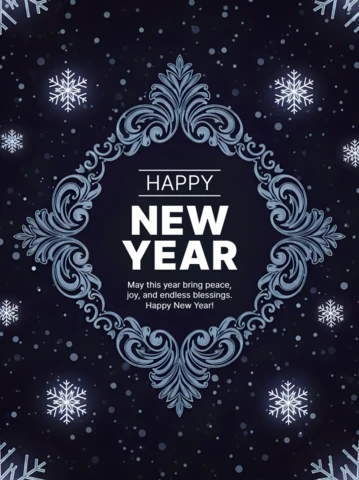 Plantilla de diseño de tarjeta de felicitación elegante para el nuevo año con copos de nieve y marco ornamentado.