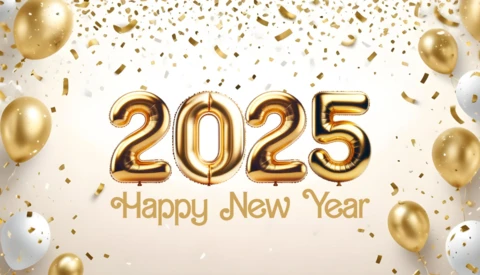 Festive White and Golden Balloon Happy New Year 2025 Design Template