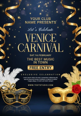 Affiche de fête du carnaval de Venise de luxe avec des masques ornés de plumes et de roses rouges pour une célébration exclusive.