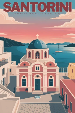 Oia'daki Panagia Platsani Kilisesi, gün batımı gökyüzü, Santorini seyahat posterleri tasarım şablonu