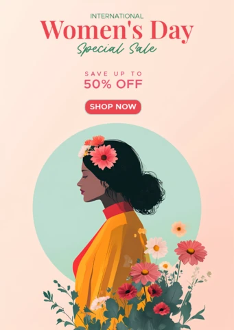 Editable Minimalist Retro Flat Design for Women's Day Sale Brochure Template