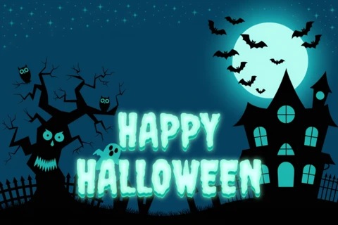Modelo de design de Halloween assustador com casa assombrada e morcegos para convites de festa