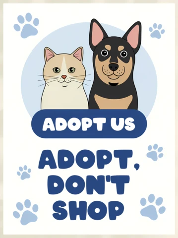 Adopta, no compres, plantilla de diseño para carteles de adopción de animales.