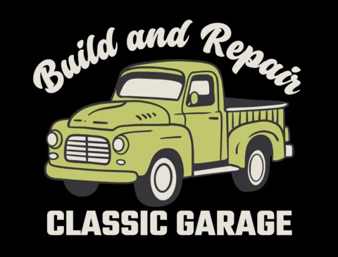Build and Repair Classic Garage Vintage Pickup Truck for Restoration Enthusiasts T-Shirt Design Template