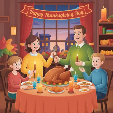 Carte de Thanksgiving pour enfants et familles, dîner aux chandelles avec des citrouilles, feuillage d'automne et bannière de joie des fêtes, modèle de design.