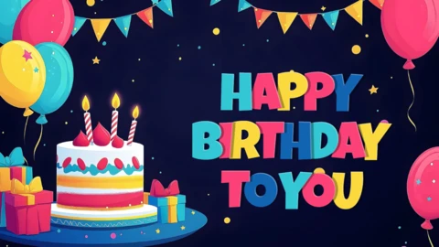 Cake and Balloons Childish Birthday Card Design Template