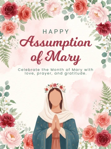 Assumption of Mary Devotional Poster Virgin Halo Radiant Light Blue Robe White Veil Crown of Flowers Prayer Floral Charm Illustration Design Template