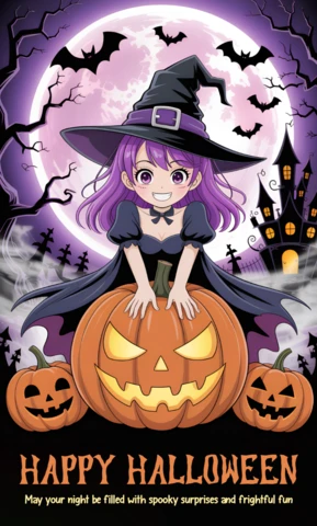 Design del template di Halloween felice con strega e zucca per biglietti di auguri festivi