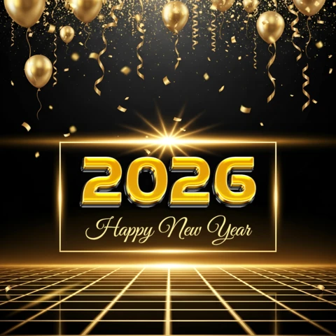 Golden Synthwave New Year Celebration Design with Balloons for Party Invitations Template