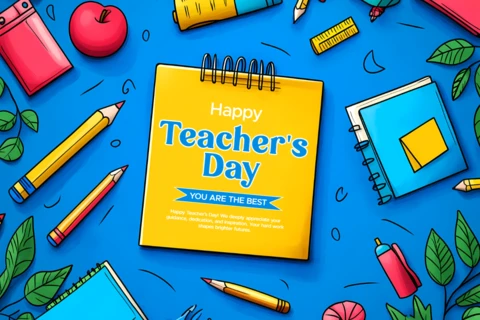 Colorful Teacher's Day Cartoonish Design Template for Customizable Greeting Cards