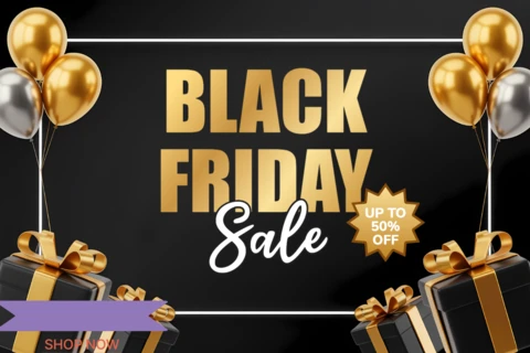 Black Friday Sale Design Template with Balloons and Gift Boxes for Promotional Flyers