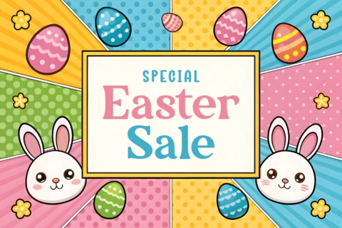Colorida plantilla de diseño de venta de Pascua con lindos gráficos de conejitos y huevos