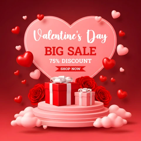 Valentine's Day Sale Template with Heart and Gift Box Design for Promotional Flyers