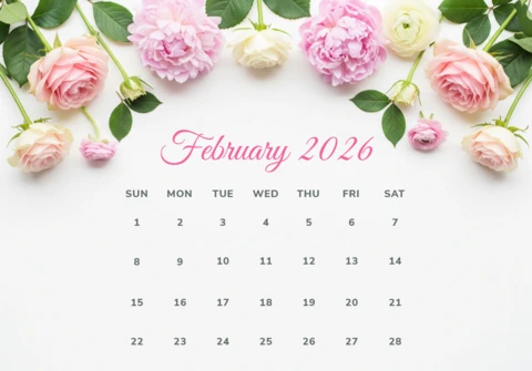 Seasonal Calendar Poster February 2026 Edition with Romantic Botanical Accents and Pastel Valentine Vibes