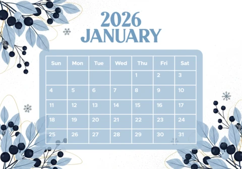 January 2026 Winter Calendar Snowflake Botanical Wall Art for Seasonal Planning