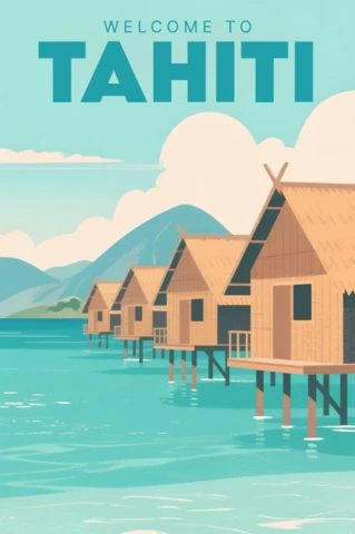 Overwater Bungalows in Tahiti Lagoon Illustration for Retro Flat Travel Printable Souvenir Template