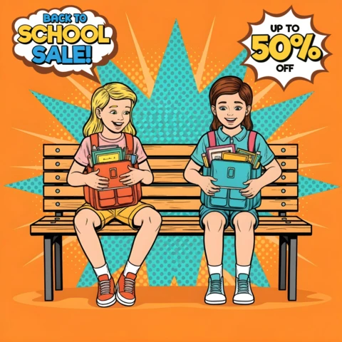 学校に戻る壁アート、学生とバックパックのカラフルなコミックデザインテンプレート、プロモーションフライヤー用