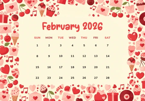 2026年2月のカレンダーは、アイスクリーム、ラブレター、そしてお祝いの紙吹雪をテーマにしたロマンチックなデザインです。