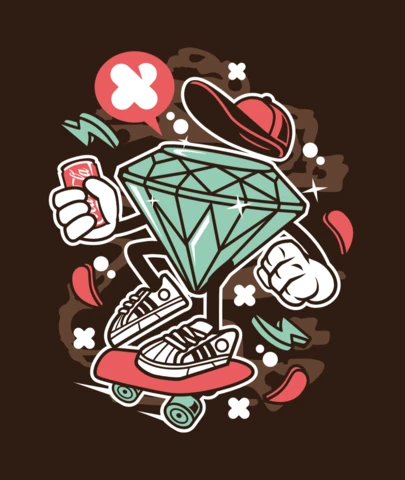 Diamond Skateboarder Cartoon Character T-Shirt Design Template