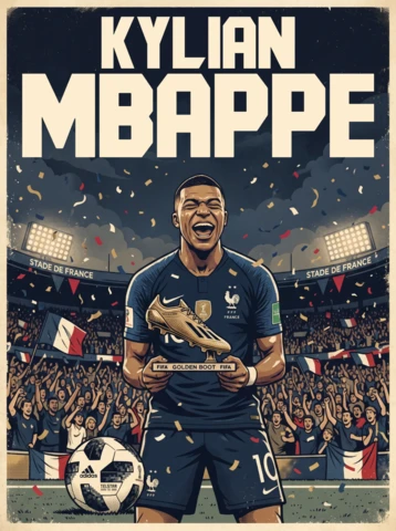 Plakat retro Kylian Mbappé Francja – vintage ilustracja piłkarska z nagrodą Złotego Buta, kibice machający flagami i nostalgiczna francuska energia futbolowa