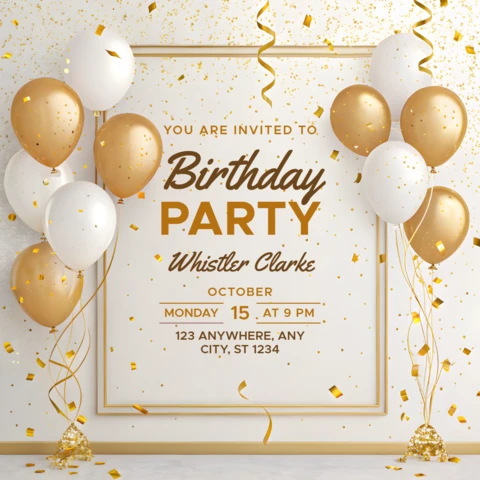 Elegant Birthday Party Invitation Template with Gold and White Balloon Design