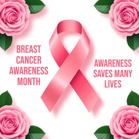 Breast Cancer Awareness Month Design Template with Pink Ribbon and Roses for Posters