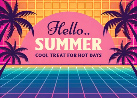 80s Summer Vibes Design Template with Palm Trees and Retrowave Grid