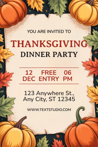 Thanksgiving Dinner Party Invitation Template with Pumpkin and Leaf Design